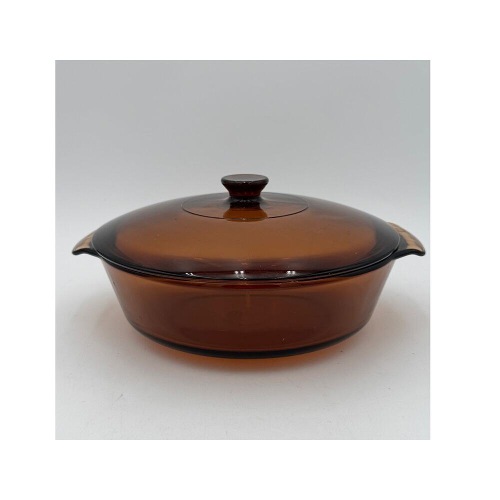 Vintage Round Covered Casserole, 438 Smooth Harvest Amber 2 Quart Anchor Hocking